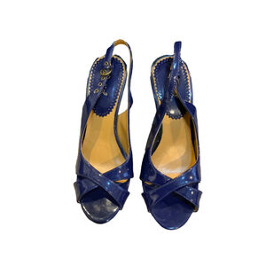 Women's Qupid‎ Navy Blue Patent Slingback Platform Heels Size 7.5 Brown Heel